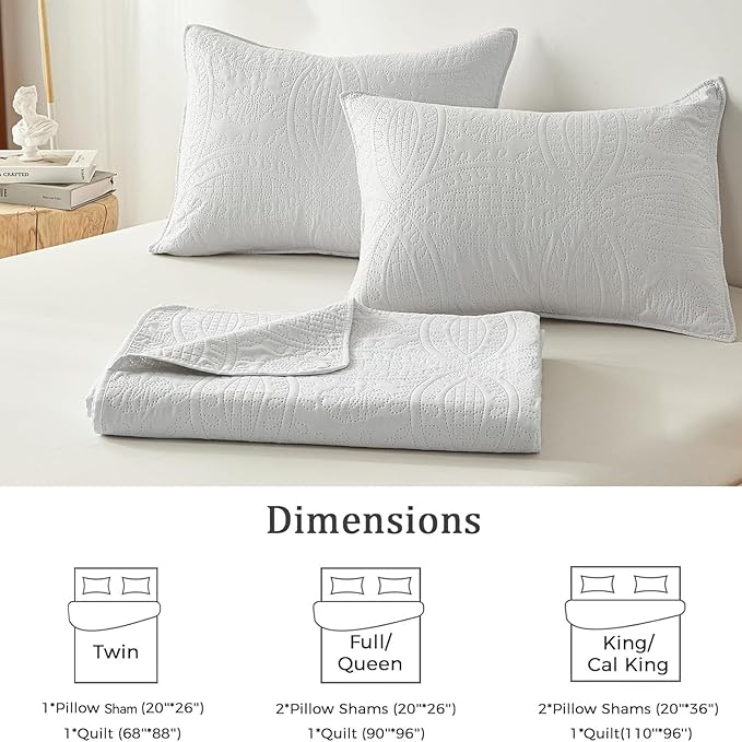 akkialla Queen Quilt Bedding Set,White Ultrasonic Full/Queen Quilt Set,Lightweight Soft Bedspread Coverlet,Modern Style Coin Pattern Bed Cover for All Seasons,3 Piece(1 Quilt,2 Pillow Shams)