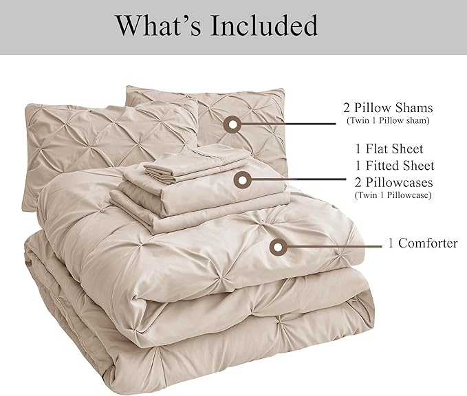 LANE LINEN Full Size Comforter Set – 7 Piece Pintuck Bed in a Bag - Bedding Set of 1 Comforter, 1 Flat & 1 Fitted Sheets, 2 Pillowcases & 2 Shams – All Season Soft Bedding for Full Size Beds – Beige | Year-round comfort, Durable stitching, Smooth soft ...