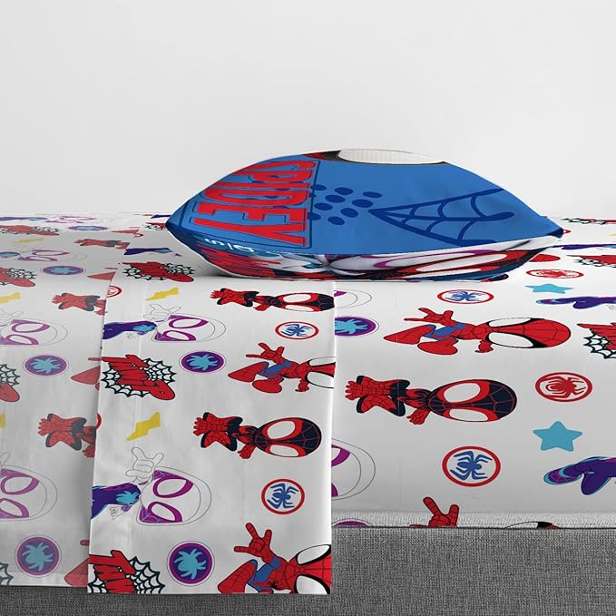 Jay Franco Marvel Spidey and His Amazing Friends Team Spidey 4 Piece Toddler Size Bed Set – Super Soft Microfiber - Includes Comforter & Sheet Set Bedding (Official Marvel Product)
