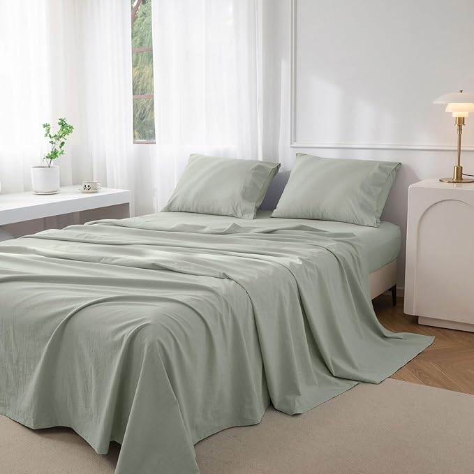 JIYUAN 100% Washed Cotton Sheet Set 3 Pieces Twin,1 Fitted Sheet,1 Flat Sheet and 1 Pillowcase, Comfy and Breathable Linen Like Bedding Set,Heathered Sage Green