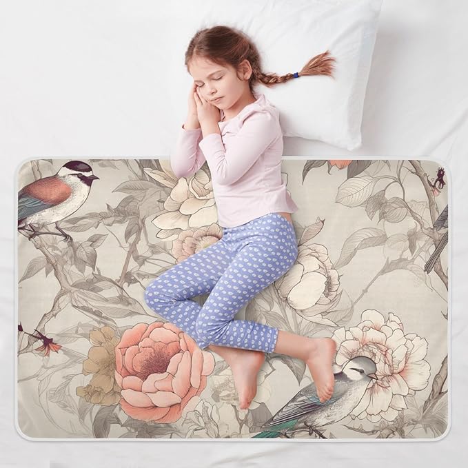 Waterproof Bed Pad Reusable Changing Pad Toddler Mattress Protector Large Pee Pad Baby Diaper Pad Soft Washable Liner White Peony Bird