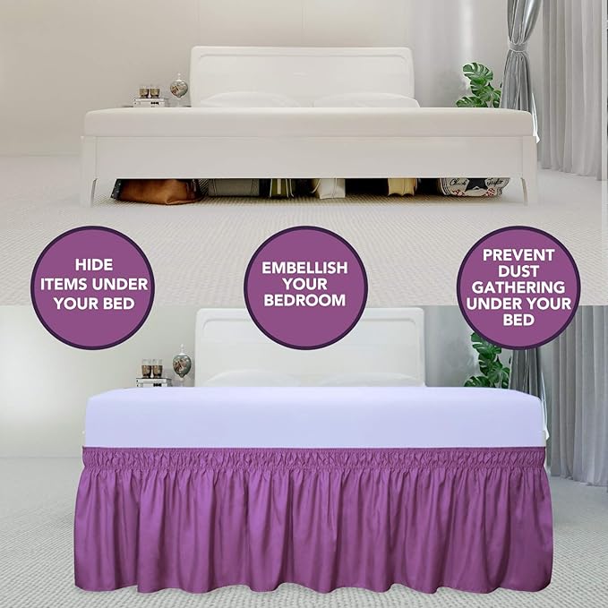 PureFit Wrap Around Ruffled Bed Skirt with Adjustable Elastic Belt - 18 Inch Drop Easy to Put On, Wrinkle Free Bedskirt Dust Ruffles, Bed Frame Cover for Twin,Twin XL and Full Size Beds, Purple