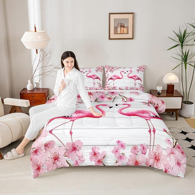 Erosebridal Flamingo Bedding Set King,Cherry Blossoms Comforter Set for Girls Boys Teens Women,Pink Tropical Bird Animal Comforter Flower Rustic Wooden Board Quilt Duvet Sets with 2 Pillow Cases
