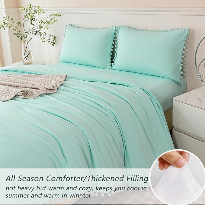 PERFEMET Mint Green Comforter Full Size 5 Piece Bed in A Bag Set Boho Pom Pom Girls Bedding Comforter Set Soft Fluffy Kids Solid Bed Set with Sheet(Mint Green, Full)