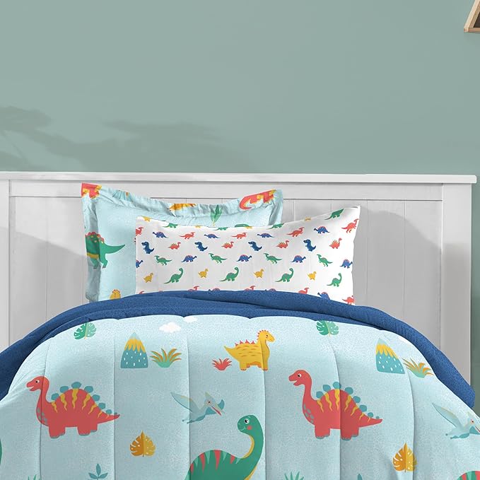 Dream Factory Kids 7-Piece Complete Bed Set Easy-Wash Super Soft Microfiber Comforter Bedding, Full, Blue Sweet Dino