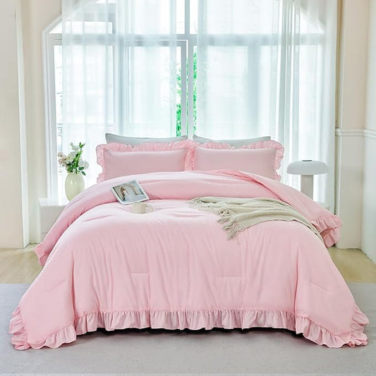 ANGIYUIN 5 Pieces Pink Comforter Set Queen Size Ruffled Bedding Sets Farmhouse Bed Comforter Set with Ruffle Design Solid Color Fluffy Bed in A Bag for Women(Pink Queen)