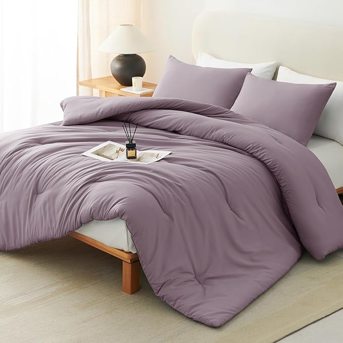 CozyLux Oversized Queen Comforter Set Dusty Purple, 3 Pieces 98x98 Solid Breathable Quilted Style Bedding Sets All Season, Luxury Soft Down Alternative Comforter Bed Set (1 Comforter & 2 Pillowcases)