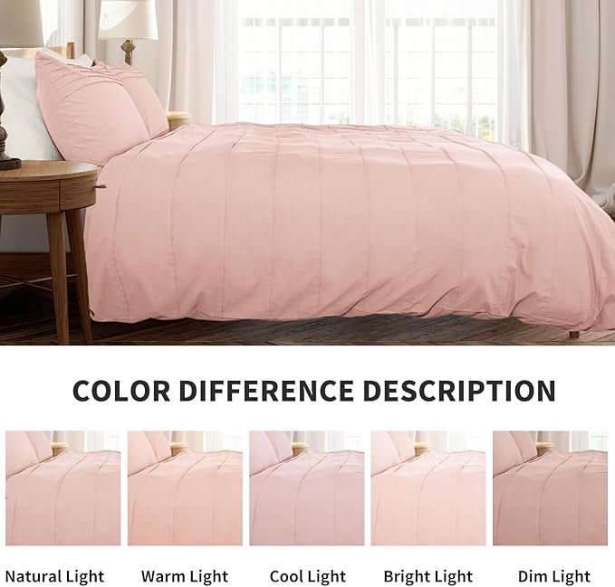 NEXHOME PRO 100% Washed Cotton Duvet Cover Queen Size, Pleated Textured Duvet Cover Set Light Pink, 3 Pieces Bedding Set with Zipper Closure, Soft, Lightweight and Breathable (90"x90", No Comforter)