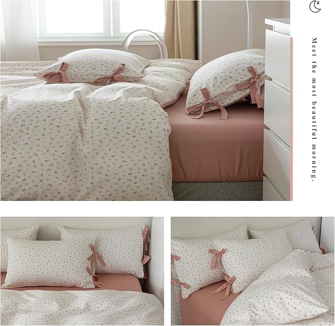 Floral Duvet Cover Queen Size Cotton Boho Fresh Garden Floral Coquette Comforter Cover with 2 Bowknot Bow Tie Pillowcases,3 Piece Botanical Flower Bedding Duvet Cover Set,Soft & Breathable Bedding Set