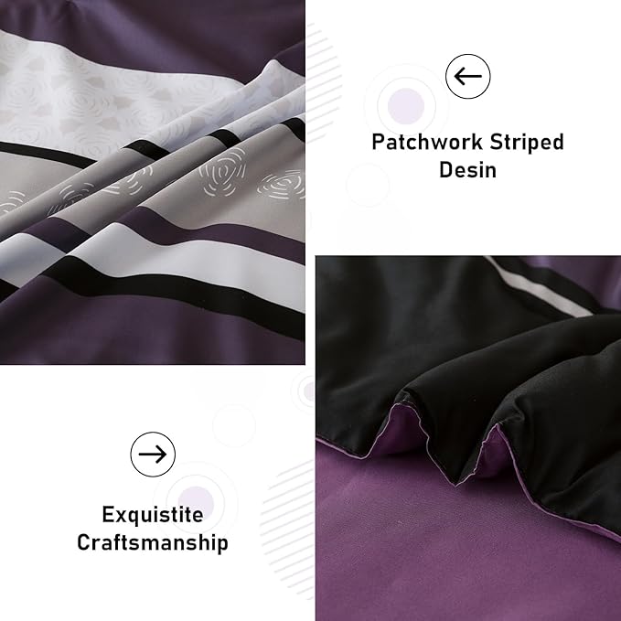 Anibedding Boho Comforter Set,8 Pieces Bed in a Bag Patchwork Striped Comforter Set,Purple Bed Set Queen Size,Soft Microfiber Boho Bedding Set for All Season(90"×90")
