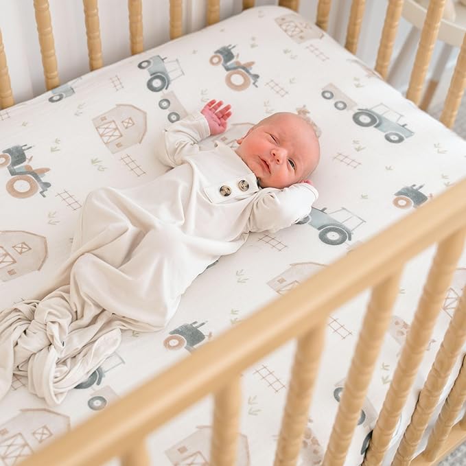 Crane Baby Charlie Farmhouse Tractor Crib Fitted Sheet, 100% Cotton Baby Bed Sheets, Farm Nursery Decor, Crib Sheets for Boys, Baby Registry Gift, Tractor Nursery Decor