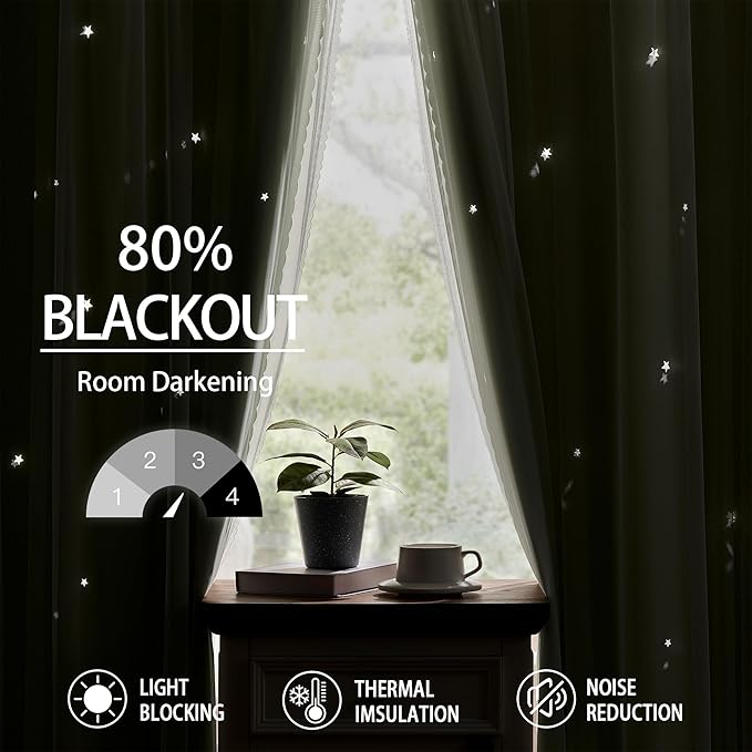 XiDi Green Short Blackout Curtains for Bedroom 54 Inches Long 2 Panels Set, Hollw Star Design, Thermal Insulated Energy Saving Window Treatment Curtains Blackout Drapes, W34 x L54 Inch, Sage Green