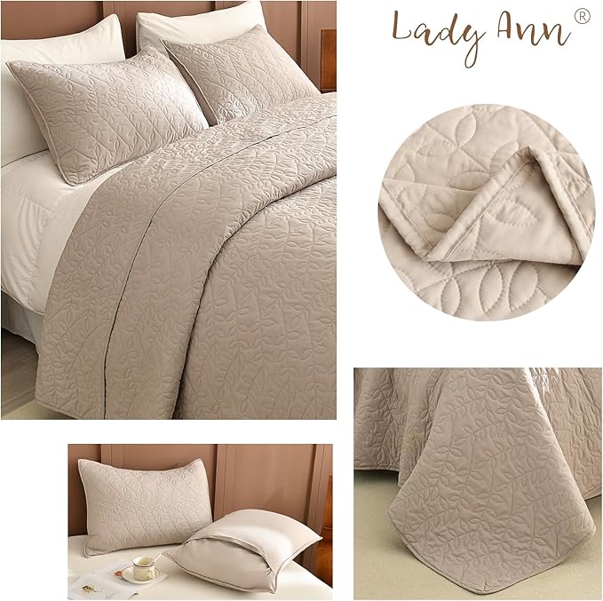 Lady Ann King Bedspreads 118x106 Leaves Pattern Printed Bedspreads & Coverlets, 3 Pcs Linen Feel King Size Quilt Set Lightweight & Soft Farmhouse Bedding Sets
