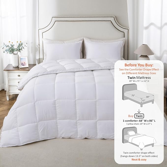KASENTEX Twin/Twin XL Comforter Set – Reversible Dual Color – Goose Down Alternative – Ultra-Soft, Lightweight, Machine Washable, Maintain Fluffiness, All Season Warmth (White)