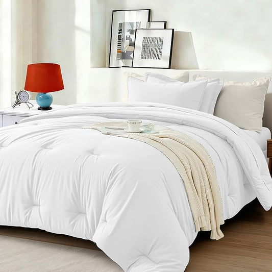 Full Comforter Set 7 Pieces - Ultra-Soft Bed in a Bag Full Size, Cozy Luxury All Season Bedding Sets with Comforter, Flat Sheet, Fitted Sheet, 2 Pillow Shams & 2 Pillowcases, White