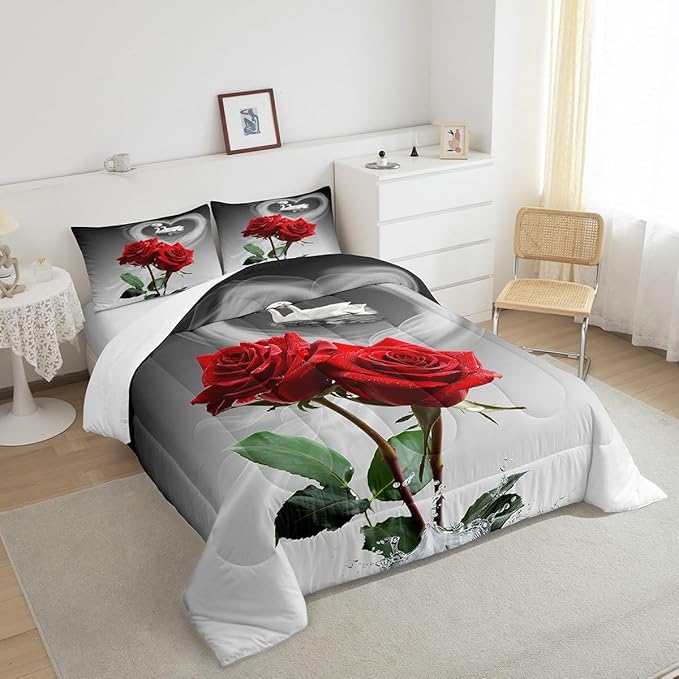 Feelyou Red Rose Bedding Set Swans Couple Comforter Romantic Rose Floral Comforter Set for Men Women Lover Valentine's Day Down Alternative Comforter for All Season Ultra Soft Room Decor Twin Size
