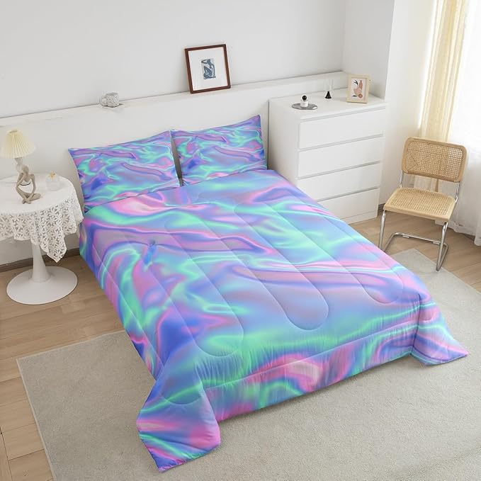 Ombre Tie Dye Bedding Set King, Psychedelic Gradient Comforter, Girls Dreamy Rainbow Bedding, Princess Green Purple Quilted Duvet Bedroom Decor, Girly Colorful Print Bedding Sets & Collections, 3Pcs