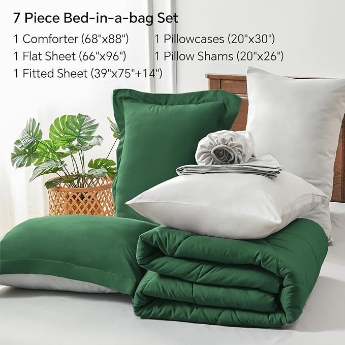 BEDELITE Twin Comforter Set 5 Pieces Bed in A Bag - Soft Microfiber Reversible Dark Green Bed Set with Comforters, Sheets, Pillowcase & Sham, Cozy Luxury Bedding Sets for All Season
