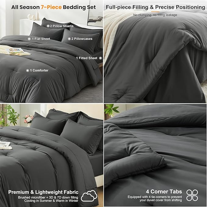 California King Comforter Set 7 Pieces - Ultra-Soft Bed in a Bag, Cozy Luxury All Season Bedding Sets with Comforter, Flat Sheet, Fitted Sheet, 2 Pillow Shams & 2 Pillowcases, Dark Gray