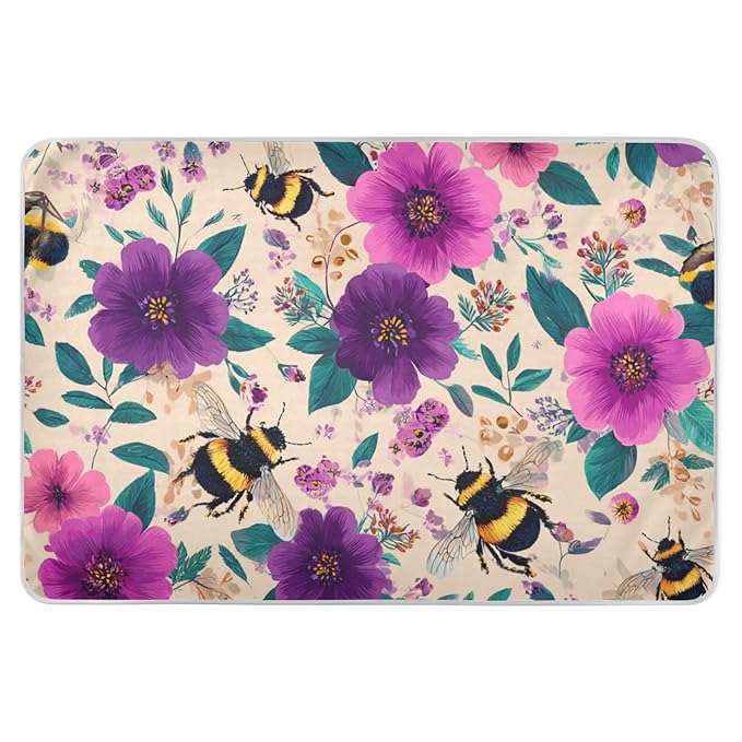 Waterproof Bed Pad Reusable Changing Pad Toddler Mattress Protector Large Pee Pad Baby Diaper Pad Soft Washable Liner Beige Bees and Colorful Flowers