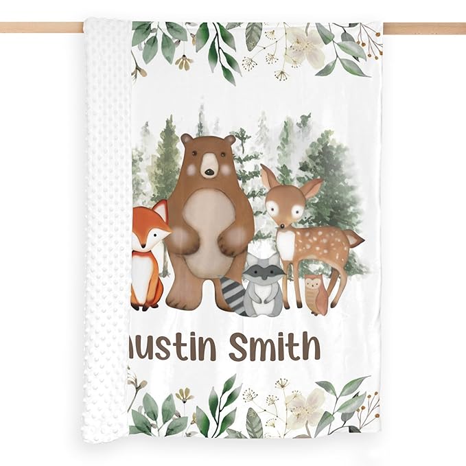 Personalized Baby Blanket, Animals Woodland Baby Blankets for Boys Girls, Super Soft Nursery Blankets with Cotton Front and Dotted Fleece Backing, Printed Bed Throws Newborn