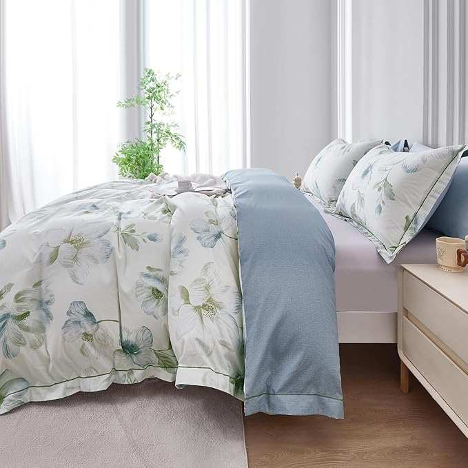 OAITE Duvet Cover Set Queen Size Floral Pattern 500 Thread Count Ultra Soft 100% Cotton Duvet Cover Sets 3-PC, Breathable Duvet Cover with Zipper Closure & Corner Ties