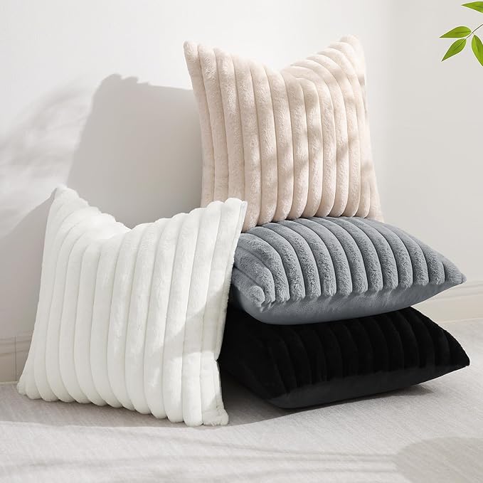 decorUhome Cozy Faux Fur Spring Throw Pillow Covers 16x16 Set of 2 Decorative Soft Plush Striped Modern Farmhouse Boho Couch Pillow Cases with Velvet Back for Sofa Bed Living Room, White