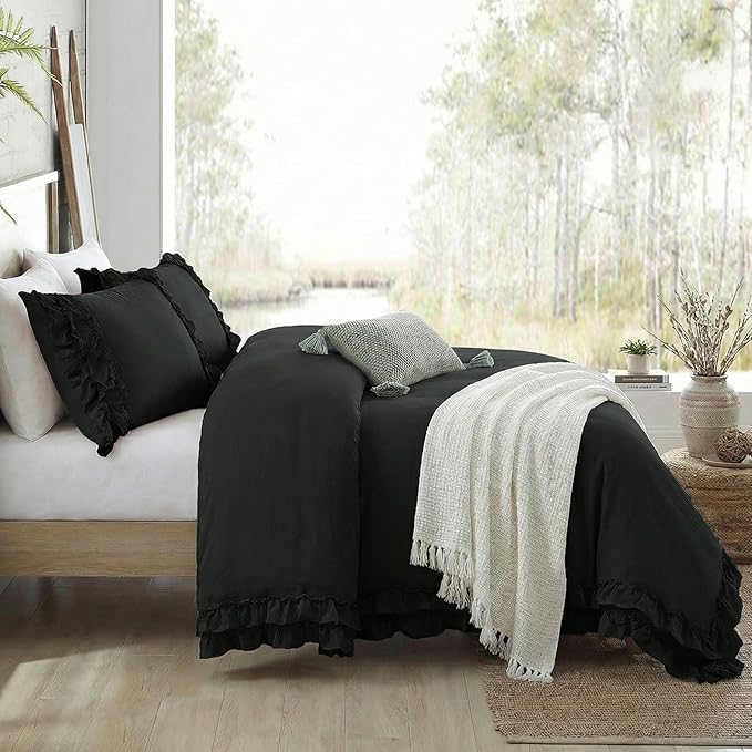 Bedorm Black Duvet Cover Queen Pleated Ruffled Bedding Set Shabby Chic Lace Ruffle Fringe French Country Room Decor Super Soft Cozy Black Boho Duvet Cover Sets