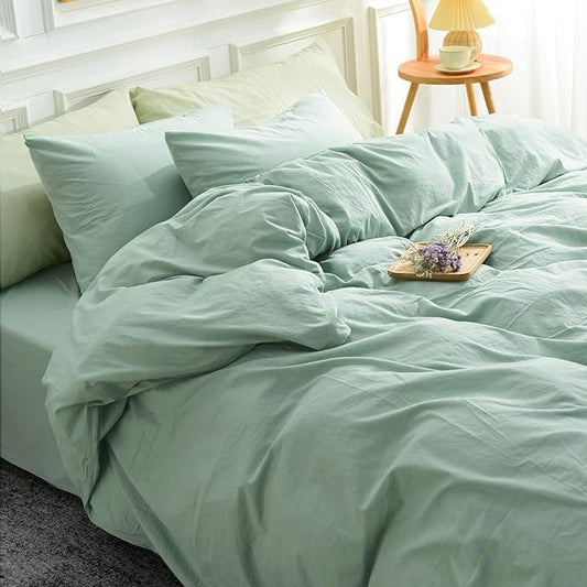 NEXHOME PRO Green Duvet Cover Set Super King 108"x98" Linen Feel Textured Organic Natural 100% Washed Cotton Duvet Cover 3 Pieces Bedding Set with Zipper Closure, Breathable, Soft (No Comforter)