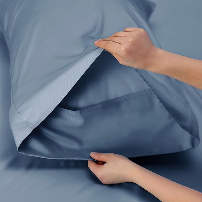 Bedsure California King Sheet Sets, Cooling Sheets, Rayon Derived from Bamboo, Breathable & Soft, Deep Pocket Up to 16 Inches, Hotel Luxury Silky Bedding for Hot Sleepers, Dusty Blue