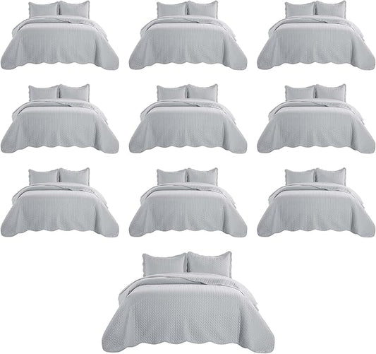 MOONLIGHT20015 Twin Quilt Bedding Set (68” x 86”) - Bulk Pack of 10 Wholesale for Hotels, Guest Bedroom & Airbnbs - Lightweight Microfiber Reversible Embossed Quilts Bedspreads (Silver)