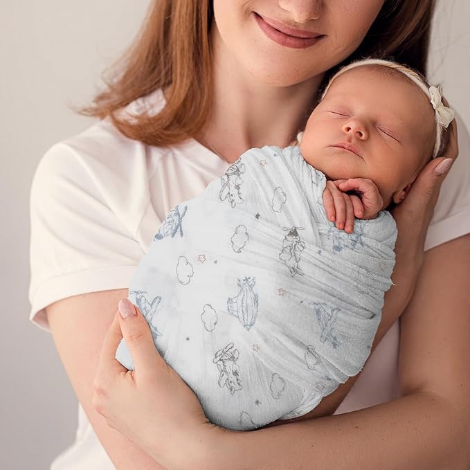 Premium Soft Muslin Cotton Muslin Swaddle Blanket, Silky Baby Receiving Wrap for Newborns Unisex Design, Ideal for Boys and Girls 47x47 Inches (120x120cm) - Large and Comfortable (Airplane & Cloud)
