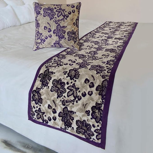 The HomeCentric King/Queen/Twin Purple Decorative Full 68"x18" Bed Runner with Pillow Cover, Floral, Velvet Bed Scarf on Velvet Fabric - Plum Petal