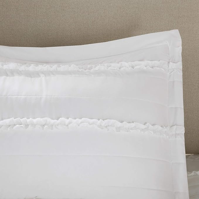 Madison Park Celeste Quilt Modern Classic Design All Season, Breathable Coverlet Lightweight Bedding Set, Matching Shams, Decorative Pillow, Full/Queen(90"x90"), Ruffle White 4 Piece