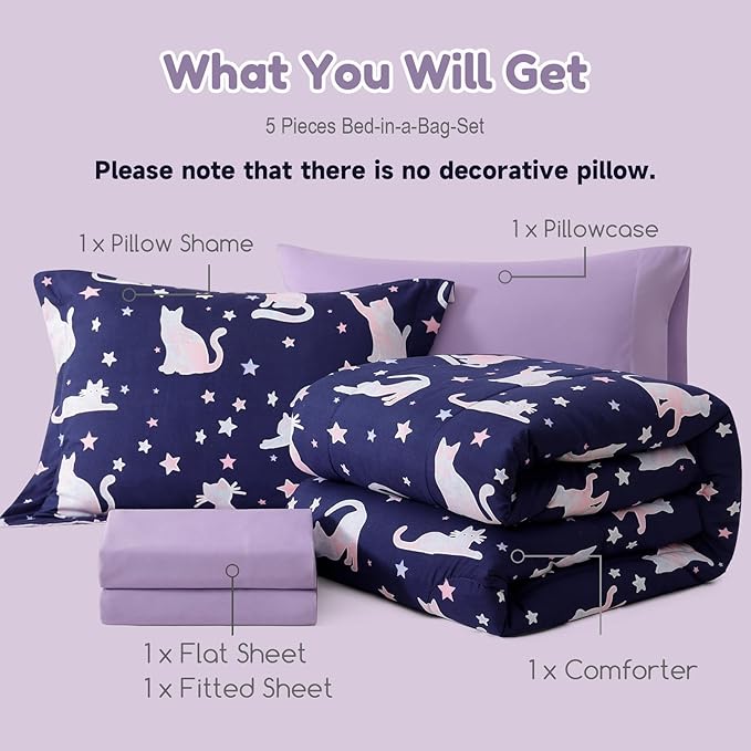 Twin Comforter Set for Girls-5 Pieces Cute Cat Twin Bedding Sets for Kids, Ultra Soft Bed in A Bag with Sheets