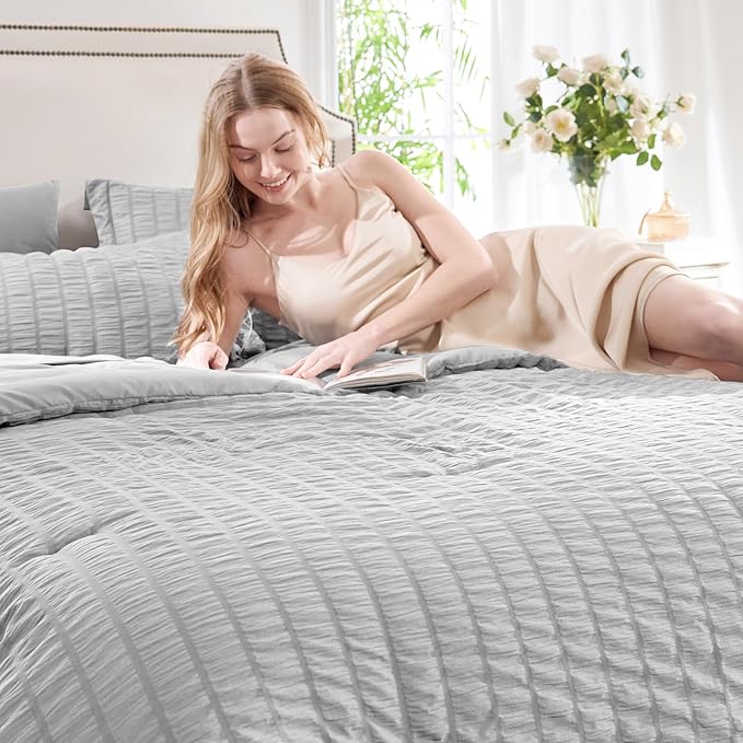 CozyLux Oversized King Comforter Set Light Grey Seersucker 7 Pieces Bed in a Bag King Comforter Set with Sheets, Luxury Soft Bedding Set with Down Alternative Comforter, Sheets, Pillowcases & Shams