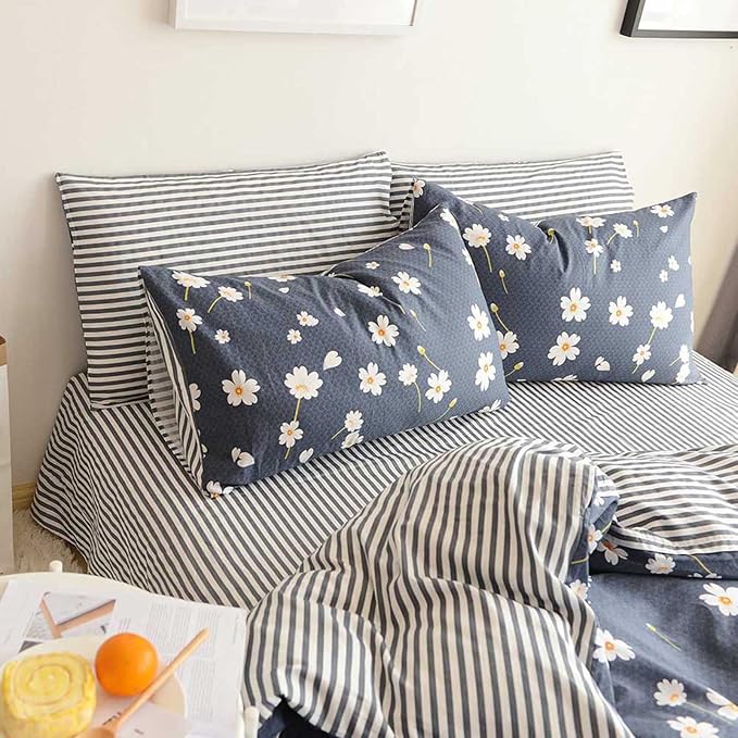 HighBuy Floral Duvet Cover Kids Girls Shabby Chic Duvet Cover Set Cotton Striped Reversible Stripe Pattern Navy Blue Teens Boys Bedding Set Twin Single Bed Comforter Covers