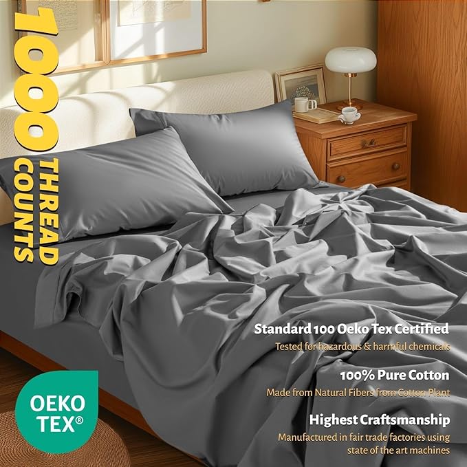 Shilucheng 100% Egyptian Cotton King Size Sheets Set - 1000 Thread Count，Luxury Cotton Bed Sheets，Breathable & Cooling Bedding and Pillow Cases, 16 Inch Deep Pocket - 4 Piece (Grey, King)