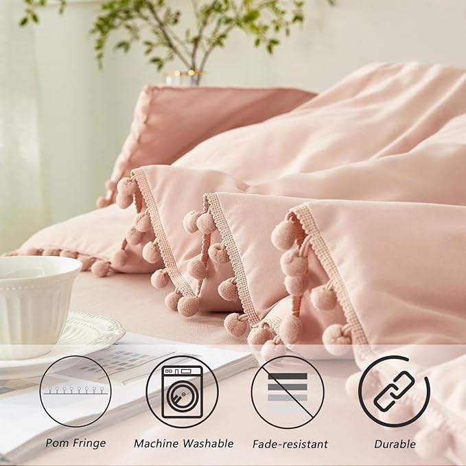 PERFEMET 5 Pieces Girls Blush Comforter Set Full Aesthetic Solid Pom Pom Comforter Soft Microfiber Dusty Pink Bed in A Bag Kids for All Season(Blush, Full)