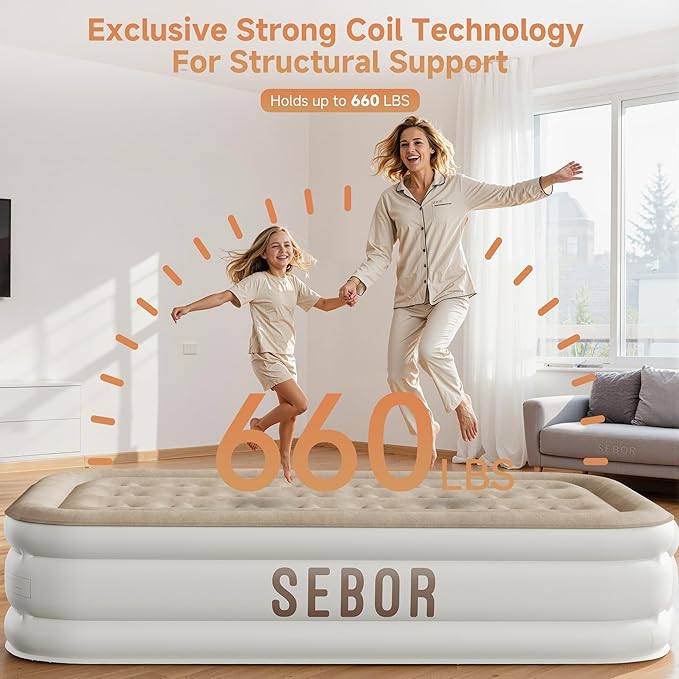 Sebor Air Mattress Queen with Built-in Pump 18", Comfortable Self-Inflating Air Mattress with High-Speed Pump, Durable Blow Up Mattress Queen with Storage Bag for Guests, Camping, Travel