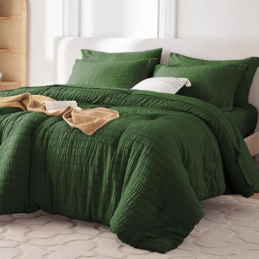 MUXHOMO 7 Pieces Queen Comforter Set, Seersucker Bed in a Bag Queen Size, All Season Luxury Bedding Set with Comforter, Flat Sheet, Fitted Sheet, Pillowcases & Shams, Dark Green