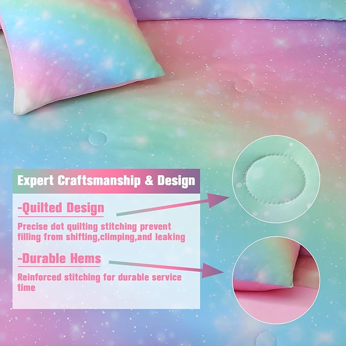 JQinHome Glitter Bedding Set Twin Size,6 Piece Bed in A Bag 3D Colorful Rainbow Galaxy Comforter Set for Girls Kids-All Season Microfiber Tie-Dye Bedding Sets(Rainbow)