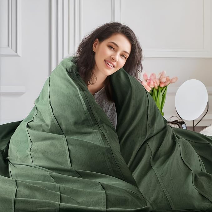 NEXHOME PRO 100% Organic Cotton Duvet Cover Oversized Queen Size, Linen Like Pleated Textured Forest Green Duvet Cover Set, 3pc Bedding Set with Zipper Closure, Soft,98"x98", No Comforter