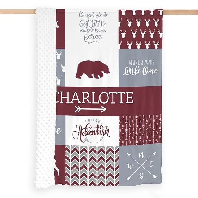 Custom Bear Baby Blanket for Girls, Baby Blanket with Name - 35 x 45 Blankets with Double Layer Dotted Backing - Shower Gifts for Nursery - Essential Bebe Stuff, Deep Red