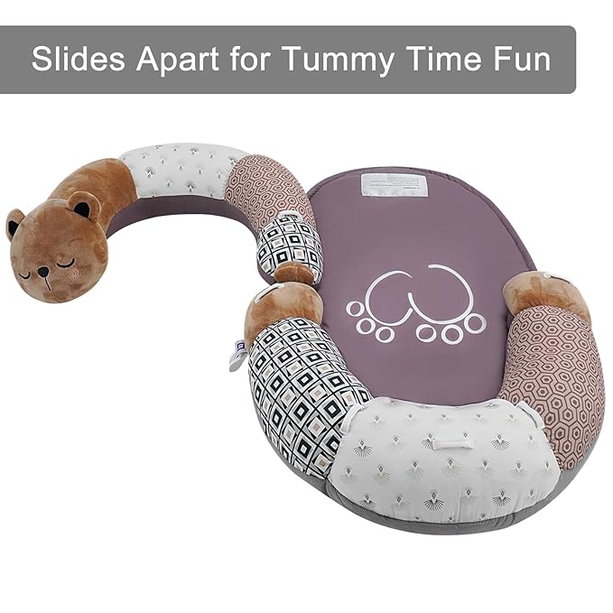 Lovvie & Joy 2-in-1 Tummy Time Mat & Seated Support Pillow,Baby Tummy Time Pillow Support for Newborns and Older Babies,with Detachable Support Pillow and Toys Bear