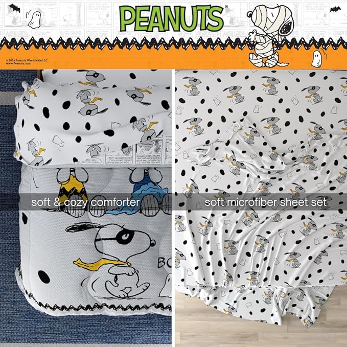 Peanuts Halloween Queen Bed Set – Super Soft & Cozy 5 Piece Reversible Comforter and Sheet Set Featuring Snoopy & Charlie Brown, (Official Peanuts® Product) by Franco