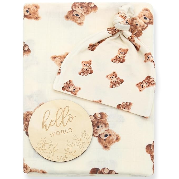 LifeTree Muslin Swaddle Blankets, Muslin Baby Swaddle Blanket and Hat Set with Birth Announcement Card, Newborn Unisex Receiving Blankets Bear Pattern