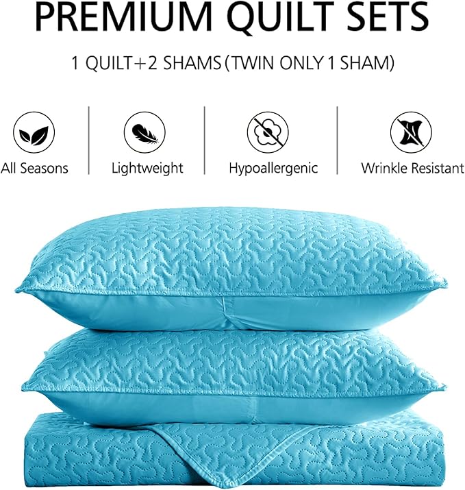 JML Quilts Set, Bedspread Coverlet Set with Pillowcases - 3 Piece Soft and Lightweight Bed Quilt for Spring, Autumn and Summer (Embossed Stripe - Turquoise, Full/Queen(88"x92"))
