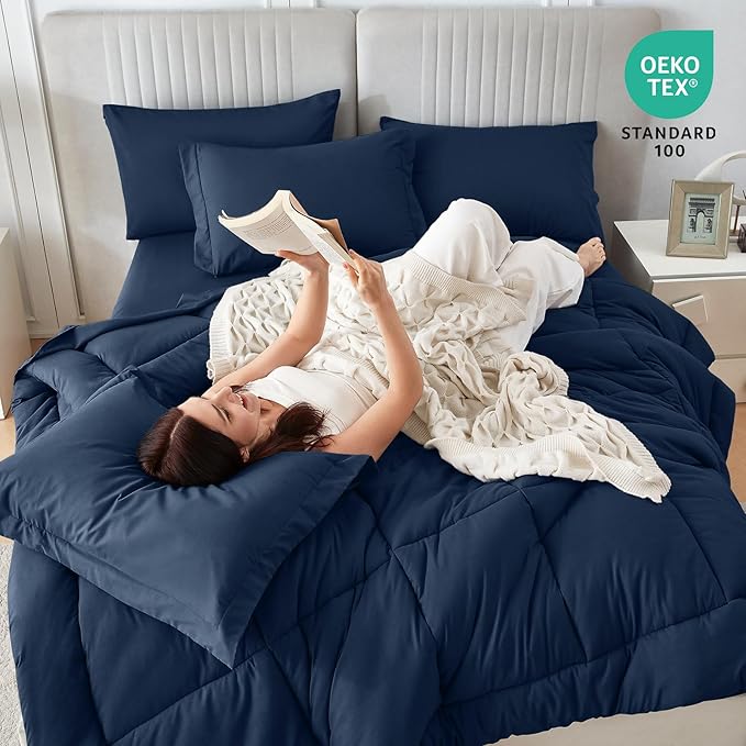 Sasttie Oversized King Comforter Set, 7 Pieces Extra Large Bed in a Bag, Complete Bedding Set Includes 120''x98'' Comforter, Flat Sheet, Fitted Sheet, Pillowcases and Pillow Shams, Navy