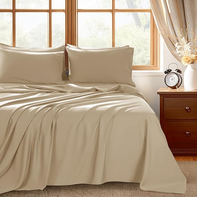 Shilucheng 100% Egyptian Cotton King Size Sheets Set - 1000 Thread Count，Luxury Cotton Bed Sheets，Breathable & Cooling Bedding and Pillow Cases, 16 Inch Deep Pocket - 6 Piece (Beige, King)